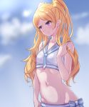  1girl bangs bikini blonde_hair blurry bow bow_bikini breasts depth_of_field emily_stewart eyebrows_visible_through_hair highres idolmaster idolmaster_million_live! loeldrive long_hair navel parted_bangs sailor_bikini sailor_collar sailor_swimsuit_(idolmaster) sky small_breasts solo swimsuit twintails violet_eyes wet 