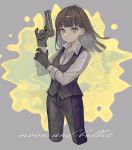  1girl absurdres black_gloves brown_eyes brown_hair closed_mouth commission english_text gloves grey_background gun handgun highres holding holding_gun holding_weapon medium_hair original pistol shiny shiny_hair skeb_commission solo weapon zumochi 