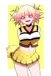  1girl alternate_costume arms_behind_back bare_shoulders blonde_hair blush boku_no_hero_academia breasts cheerleader choker collarbone double_bun fangs highres large_breasts looking_at_viewer midriff navel okumari open_mouth pom_poms short_hair simple_background skirt solo standing teeth thighs toga_himiko yellow_background yellow_eyes yellow_skirt 