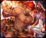  1boy abs alternate_costume bara bare_chest bow bowtie bulge butler chest chest_tattoo dark_skin dark_skinned_male demon_boy demon_horns demon_tail detached_collar fingernails gozu_farm horns ifrit_(tokyo_houkago_summoners) male_focus muscle navel navel_hair nipples official_alternate_costume pelvic_curtain pointy_ears red_eyes redhead sharp_fingernails sharp_teeth short_hair solo spiky_hair tail tattoo teeth thick_thighs thighs tokyo_houkago_summoners tray 