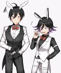  2boys ahoge animal_ears belt black_gloves black_hair black_pants bow bowtie commentary_request dangan_ronpa dress_shirt formal gloves hand_in_pocket hand_up highres long_sleeves looking_at_viewer male_focus multicolored_hair multiple_boys multiple_views new_dangan_ronpa_v3 open_mouth ouma_kokichi pants rabbit_boy rabbit_ears red_bow saihara_shuuichi shirt simple_background smile squiggle vest violet_eyes waistcoat white_belt white_pants zabe_o 