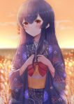  1girl absurdres blush field hair_ornament hands_in_hair highres idolmaster idolmaster_shiny_colors japanese_clothes kimono long_hair looking_at_viewer morino_rinze namamake outdoors purple_hair red_eyes sidelocks sky solo standing 