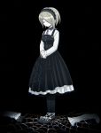  1girl 8takenokonosato8 bangs black_background black_dress black_footwear black_gloves black_legwear closed_eyes dangan_ronpa dress gloves grey_hair hair_over_one_eye high_heels long_sleeves maid_headdress necktie new_dangan_ronpa_v3 pantyhose pinafore_dress purple_neckwear shirt short_hair silk simple_background solo spider_web standing toujou_kirumi white_shirt 