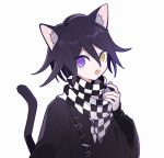  1202_koge 1boy animal_ear_fluff animal_ears bandana bangs cat_boy cat_ears cat_tail checkered dangan_ronpa eyebrows_visible_through_hair hair_between_eyes heterochromia jacket long_sleeves looking_at_viewer male_focus new_dangan_ronpa_v3 open_mouth ouma_kokichi purple_hair purple_jacket simple_background solo symbol_commentary tail upper_teeth violet_eyes white_background yellow_eyes 