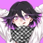  1boy arms_behind_head arms_up bangs black_hair checkered checkered_scarf commentary_request dangan_ronpa hair_between_eyes highres jacket long_sleeves looking_at_viewer male_focus nanin new_dangan_ronpa_v3 ouma_kokichi pink_background pink_eyes purple_hair red_pupils scarf short_hair smile solo starry_sky_print straitjacket violet_eyes white_jacket 