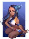  1girl armlet belly_chain bike_shorts black_hair blue_eyes border bubble closed_mouth commentary_request dark_skin earrings eyelashes gym_leader hair_bun holding holding_poke_ball hoop_earrings jewelry jubi_(bynl) long_hair looking_at_viewer multicolored_hair nessa_(pokemon) outside_border poke_ball poke_ball_(basic) pokemon pokemon_(game) pokemon_swsh sandals solo spread_fingers toes two-tone_hair white_border 