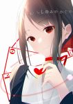  1girl black_hair card chinese_commentary choker close-up heart highres jijing_zishui kaguya-sama_wa_kokurasetai_~tensai-tachi_no_renai_zunousen~ looking_at_viewer playing_card red_choker red_eyes school_uniform shinomiya_kaguya smile solo 