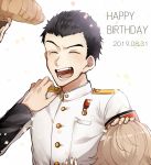  3boys black_hair blush closed_eyes commentary_request dangan_ronpa dangan_ronpa_1 dated fujisaki_chihiro gakuran hand_on_another&#039;s_head happy_birthday highres ishimaru_kiyotaka jacket long_sleeves male_focus medal medium_hair military military_uniform multiple_boys oowada_mondo open_mouth school_uniform short_hair smile solo_focus tears teeth uniform white_jacket zabe_o 