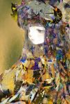  1girl abstract anabone bangs blunt_bangs commentary crescent crescent_moon_pin dress face gustav_klimt_(style) hat highres long_hair mob_cap patchouli_knowledge purple_hair solo touhou upper_body violet_eyes yellow_background 