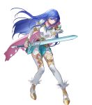  1girl ankle_boots armor bangs belt blue_eyes blue_hair boots breastplate caeda_(fire_emblem) cape closed_mouth dress elbow_gloves feather_trim fire_emblem fire_emblem:_mystery_of_the_emblem fire_emblem_heroes full_body gloves highres holding holding_sword holding_weapon long_hair looking_at_viewer looking_away multiple_belts official_art pink_cape serious shiny shiny_hair short_dress shoulder_armor solo sword thigh-highs transparent_background weapon white_legwear zettai_ryouiki 