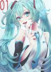  1girl absurdres blue_eyes blue_hair blue_neckwear detached_sleeves hatsune_miku highres looking_at_viewer moika necktie open_mouth solo twintails v vocaloid 