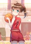  4girls absurdres ahoge ass back ball bangs bare_arms basketball basketball_court basketball_hoop basketball_jersey basketball_uniform blunt_bangs brown_hair closed_mouth commentary cowboy_shot curtains eyebrows_visible_through_hair from_behind green_eyes gym hair_ornament hair_scrunchie highres holding holding_ball indoors looking_at_viewer looking_back multiple_girls original ponytail profnote railing red_shorts scrunchie shorts sidelocks solo_focus sportswear standing window 