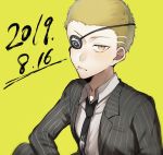  1boy blonde_hair blush closed_mouth collarbone collared_shirt commentary_request dangan_ronpa dated dress_shirt formal frown highres kuzuryuu_fuyuhiko long_hair looking_at_viewer male_focus necktie shirt short_hair simple_background solo striped suit super_dangan_ronpa_2 upper_body very_short_hair yellow_background zabe_o 