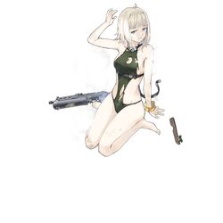  1girl alternate_costume arm_up bangs bare_shoulders barefoot blue_eyes damaged full_body girls_frontline green_swimsuit gun hair_ornament hair_scrunchie hao_(patinnko) looking_at_viewer official_art parted_lips pp-19_(girls_frontline) pp-19_bizon scrunchie short_hair sitting sleeveless solo submachine_gun swimsuit torn_clothes torn_swimsuit weapon yellow_scrunchie 