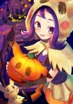  1girl acerola_(pokemon) bangs bush commentary_request cosplay e-co eyelashes fence gen_7_pokemon gloves halloween holding hood hood_up looking_to_the_side mimikyu mimikyu_(cosplay) night outdoors pokemon pokemon_(creature) pokemon_(game) pokemon_masters_ex pumpkin purple_hair single_glove smile violet_eyes 