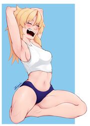  1girl absurdres alternate_costume armpits arms_up artist_name blonde_hair blue_background blue_buruma blush border breasts buruma closed_eyes eyebrows_visible_through_hair fangs fate_(series) hair_between_eyes highres mordred_(fate) mordred_(fate)_(all) navel outside_border ponytail sharp_teeth small_breasts solo stretch tank_top teeth thighs tongue white_border zealyush 