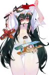  1girl :3 aircraft airplane animal_ears bangs black_hair breasts fall_guy fall_guys grandia_lee highres long_hair looking_at_viewer navel original red_eyes simple_background solo very_long_hair white_background 