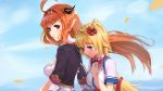  2girls ahoge akai_haato black_hairband blonde_hair blue_eyes breasts dragon_horns english_commentary hairband highres hololive horns kiryuu_coco large_breasts long_hair looking_back looking_down medium_breasts multiple_girls orange_hair pointy_ears red_eyes sad virtual_youtuber yuho_(goodtest) 