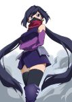  1girl absurdres ayame_(gundam_build_divers) bangs black_hair black_legwear boots check_commentary commentary commentary_request elbow_gloves gloves gundam gundam_build_divers hair_ornament highres hip_armor japanese_clothes kimono long_hair looking_at_viewer mask mouth_mask ninja ninja_mask purple_gloves red_scarf scarf shinwota short_kimono sidelocks sleeveless solo split_ponytail thigh-highs thigh_boots very_long_hair violet_eyes zettai_ryouiki 