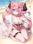  1girl absurdres bangs bare_shoulders beach blush braid breasts granblue_fantasy hair_ornament hair_over_one_eye hairclip highres himegi_you horns large_breasts long_hair multicolored_hair narmaya_(granblue_fantasy) pink_hair pointy_ears seashell shell sitting smile thigh_strap thighs two-tone_hair wet white_hair wide_sleeves 