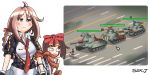  2girls ahoge blush command_and_conquer command_and_conquer_red_alert_3 crossover crosswalk girls_frontline ground_vehicle health_bar highres m99_(girls_frontline) military military_vehicle motor_vehicle multiple_girls satire serjatronic surprised sweat tank tiananmen_square type_97_shotgun_(girls_frontline) 