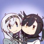  2girls anchor_symbol betchan black_hair black_headband clothes_writing grey_jacket hachimaki hair_flaps hatsuzuki_(kantai_collection) headband jacket kantai_collection multiple_girls neckerchief sailor_collar school_uniform serafuku silver_hair smile suzutsuki_(kantai_collection) 