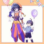  1202_koge 2boys ahoge balloon belt belt_buckle blue_hair blue_shirt border brown_belt buckle collared_shirt commentary_request dangan_ronpa flipped_hair frilled_sleeves frills hair_between_eyes hat holding holding_balloon holding_hands jester_cap kneehighs looking_at_another looking_at_viewer male_focus multicolored_pants multiple_boys neck_ruff new_dangan_ronpa_v3 open_mouth orange_border orange_pants ouma_kokichi outside_border pants pleated_shorts puffy_pants purple_hair purple_pants purple_vest saihara_shuuichi shirt shirt_tucked_in shorts simple_background smile striped striped_pants vest violet_eyes white_background wrist_cuffs yellow_eyes younger 