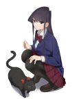  1girl absurdres bangs black_eyes black_footwear black_hair black_legwear blazer blue_jacket bow bowtie cat closed_mouth collared_shirt eyebrows_visible_through_hair hand_on_own_knee highres jacket komi-san_wa_komyushou_desu komi_shouko loafers long_hair long_sleeves looking_at_viewer miniskirt pantyhose pleated_skirt school_uniform shirt shoes simple_background skirt squatting swept_bangs takita_(takita3411) white_background white_shirt 