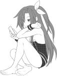  1girl bare_legs bare_shoulders barefoot choujigen_game_neptune elbow_on_knee feet flat_chest greyscale if_(neptune_series) looking_at_phone monochrome neptune_(series) one_side_up phone short_shorts shorts simple_background sitting soles solo strapless up_(mmmmmmmmss) white_background wristband 
