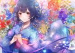  1girl blue_hair blush flower hair_flower hair_ornament highres idolmaster idolmaster_shiny_colors japanese_clothes kimono looking_at_viewer medium_hair morino_rinze multicolored_hair namamake open_mouth purple_hair red_eyes solo standing 