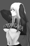  1girl absurdres ak-12_(girls_frontline) black_shirt blush breasts closed_mouth eyebrows_visible_through_hair girls_frontline grey_background hand_on_head highres kanoe_(kanoe502) lips long_hair looking_at_viewer medium_breasts monochrome navel print_shirt shirt silver_hair solo stomach under_boob 