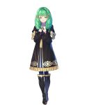  1girl bangs black_dress black_footwear boots bow clenched_hands closed_mouth detached_sleeves dress fire_emblem fire_emblem:_three_houses fire_emblem_heroes flayn_(fire_emblem) frills full_body gold_trim green_eyes green_hair hair_ornament hands_up highres knee_boots kousei_horiguchi long_hair long_sleeves looking_at_viewer official_art pantyhose school_uniform shiny shiny_clothes shiny_hair smile solo transparent_background turtleneck 