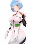  1girl ayanami_rei blue_hair breasts hand_on_own_chest highres interface_headset jijing_zishui looking_at_viewer medium_breasts neon_genesis_evangelion pilot_suit plugsuit red_eyes short_hair solo white_background 