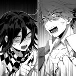  2boys anger_vein angry bangs checkered checkered_scarf clenched_hand collarbone collared_shirt commentary_request dangan_ronpa eyebrows_visible_through_hair face facial_hair goatee greyscale hair_between_eyes highres jacket looking_down looking_up male_focus momota_kaito monochrome motion_lines multiple_boys nanin new_dangan_ronpa_v3 open_mouth ouma_kokichi pointing_at_another scarf shirt split_screen v-shaped_eyebrows 