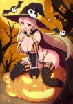  bikini blonde_hair breasts curvy fang halloween hat highres large_breasts long_hair looking_at_viewer mole mole_under_mouth open_mouth plump ponponmaru red_eyes senran_kagura shiki_(senran_kagura) smirk swimsuit thigh-highs witch_hat 