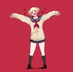  1girl :d black_skirt blonde_hair blue_sailor_collar boku_no_hero_academia brown_footwear cardigan double_bun fangs full_body heart highres long_sleeves looking_at_viewer okumari open_mouth outstretched_arms red_background red_neckwear sailor_collar school_uniform shoes short_hair simple_background skirt smile socks solo standing teeth toga_himiko yellow_eyes 