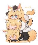  3girls animal_ear_fluff animal_ears arknights aunt_and_niece bangs blemishine_(arknights) blonde_hair blue_eyes chibi closed_eyes hat horse_ears horse_girl horse_tail human_stacking kyou_039 lying lying_on_another multiple_girls nearl_(arknights) on_stomach open_mouth siblings simple_background sisters smile stacking tail whislash_(arknights) white_background 