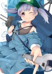  1girl ;q backpack bag bangs blue_shirt blue_skirt blunt_bangs blush collarbone collared_shirt commentary_request cosplay flat_cap flat_chest green_headwear green_ribbon grey_tank_top hair_ribbon hat highres holding holding_wrench kantai_collection kawashiro_nitori kawashiro_nitori_(cosplay) key long_sleeves looking_at_viewer off-shoulder_shirt off_shoulder one_eye_closed ooshio_(kantai_collection) pocket purple_hair ribbon shirt short_hair short_twintails sidelocks single_bare_shoulder skirt skirt_set smile solo standing tank_top tongue tongue_out touhou turret twintails violet_eyes water_drop white_background wrench yasume_yukito 