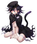  1boy animal_ears arm_support bandages bangs belt between_legs black_cape black_hair black_headwear blush cape cat_ears cat_tail commentary_request dangan_ronpa frown hand_between_legs hat hat_over_one_eye highres long_hair male_focus naked_cape nanin new_dangan_ronpa_v3 ouma_kokichi purple_hair simple_background sitting solo tail torn_cape torn_clothes violet_eyes wariza white_background white_belt 