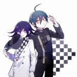  1202_koge 2boys ahoge black_jacket black_pants blue_hair buttons checkered checkered_background checkered_scarf closed_mouth dangan_ronpa eyebrows_visible_through_hair gakuran grin hair_between_eyes hat hat_removed headwear_removed holding holding_clothes holding_hat jacket long_sleeves looking_at_another looking_at_viewer male_focus multiple_boys new_dangan_ronpa_v3 ouma_kokichi pants pinstripe_pattern purple_hair ringed_eyes saihara_shuuichi scarf school_uniform simple_background smile striped symbol_commentary vertical_stripes violet_eyes white_background yellow_eyes 