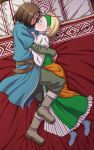  1boy 1girl bed blonde_hair blue_eyes blush brown_hair character_request closed_eyes dragon_quest dragon_quest_xi earrings hairband hand_on_another&#039;s_head hanya_(hanya_yashiki) highres hug jewelry lying medium_hair on_bed on_side short_hair sleeping 