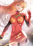  1girl blue_eyes bodysuit chinese_commentary floating_hair highres jijing_zishui long_hair looking_down neon_genesis_evangelion open_hand orange_hair plugsuit skin_tight solo souryuu_asuka_langley very_long_hair 