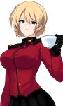  1girl absurdres aikir_(jml5160) arm_at_side black_gloves black_skirt blonde_hair blue_eyes braid breasts cowboy_shot cup darjeeling_(girls_und_panzer) french_braid girls_und_panzer gloves hair_between_eyes highres holding holding_cup jacket large_breasts looking_at_viewer parted_lips red_jacket short_hair skirt solo st._gloriana&#039;s_military_uniform teacup white_background 