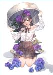  1girl absurdres black_hair black_legwear bow brown_bow brown_skirt chilcy35 flower hair_flower hair_ornament highres hydrangea long_hair long_sleeves looking_at_viewer school_uniform shirt simple_background skirt socks uniform violet_eyes water wet white_footwear white_shirt 