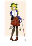  1girl absurdres arkanoid007 blind blonde_hair blue_eyes blush blush_stickers breasts drunk highres katawa_shoujo large_breasts long_hair looking_at_viewer medium_skirt nose_blush pantyhose plaid plaid_skirt satou_lilly shirt simple_background skirt smile solo two-tone_background 