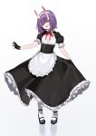 1girl absurdres alternate_costume bebe_pp black_gloves dress enmaided fate/grand_order fate_(series) flat_chest full_body gloves highres horns maid mary_janes oni oni_horns pointy_ears puffy_sleeves purple_hair shoes short_hair shuten_douji_(fate/grand_order) simple_background solo violet_eyes white_background white_legwear 