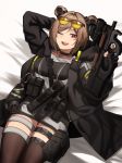  1girl black_choker black_gloves black_jacket black_legwear breasts brown_hair bullpup cero_(last2stage) choker double_bun eyebrows_visible_through_hair eyewear_on_head gas_mask girls_frontline gloves gun hand_on_head highres holding holding_gun holding_weapon jacket looking_at_viewer lying medium_hair on_back one_eye_closed open_mouth p90 p90_(girls_frontline) red_eyes smile solo submachine_gun thigh-highs weapon 