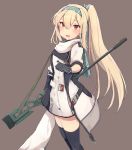  1girl blonde_hair character_name dress girls_frontline gloves gun hairband highres holding holding_gun holding_weapon long_hair looking_at_viewer mod3_(girls_frontline) open_mouth ponytail red_eyes rifle russian_flag scope simple_background sniper_rifle suppressor sv-98 sv-98_(girls_frontline) thigh-highs weapon 