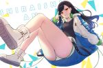  1girl ass bangs bare_thighs black_hair black_shirt breasts brown_eyes coat commentary_request english_text grin hair_ornament hairclip headphones headphones_around_neck highres itohana jacket knees_up long_sleeves project_sekai shiraishi_an shirt short_shorts shorts simple_background small_breasts smile solo teeth thighs triangle v white_background white_footwear white_shorts winter_clothes winter_coat 