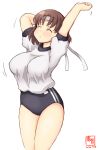  1girl :&lt; alternate_costume arm_up artist_logo black_buruma bouncing_breasts breasts brown_hair buruma chiyoda_(kantai_collection) closed_eyes commentary_request cowboy_shot dated exercise eyebrows_visible_through_hair gym_shirt gym_uniform headband highres kanon_(kurogane_knights) kantai_collection large_breasts shirt short_hair short_sleeves shorts signature simple_background solo stretch t-shirt white_background white_headband white_shirt 